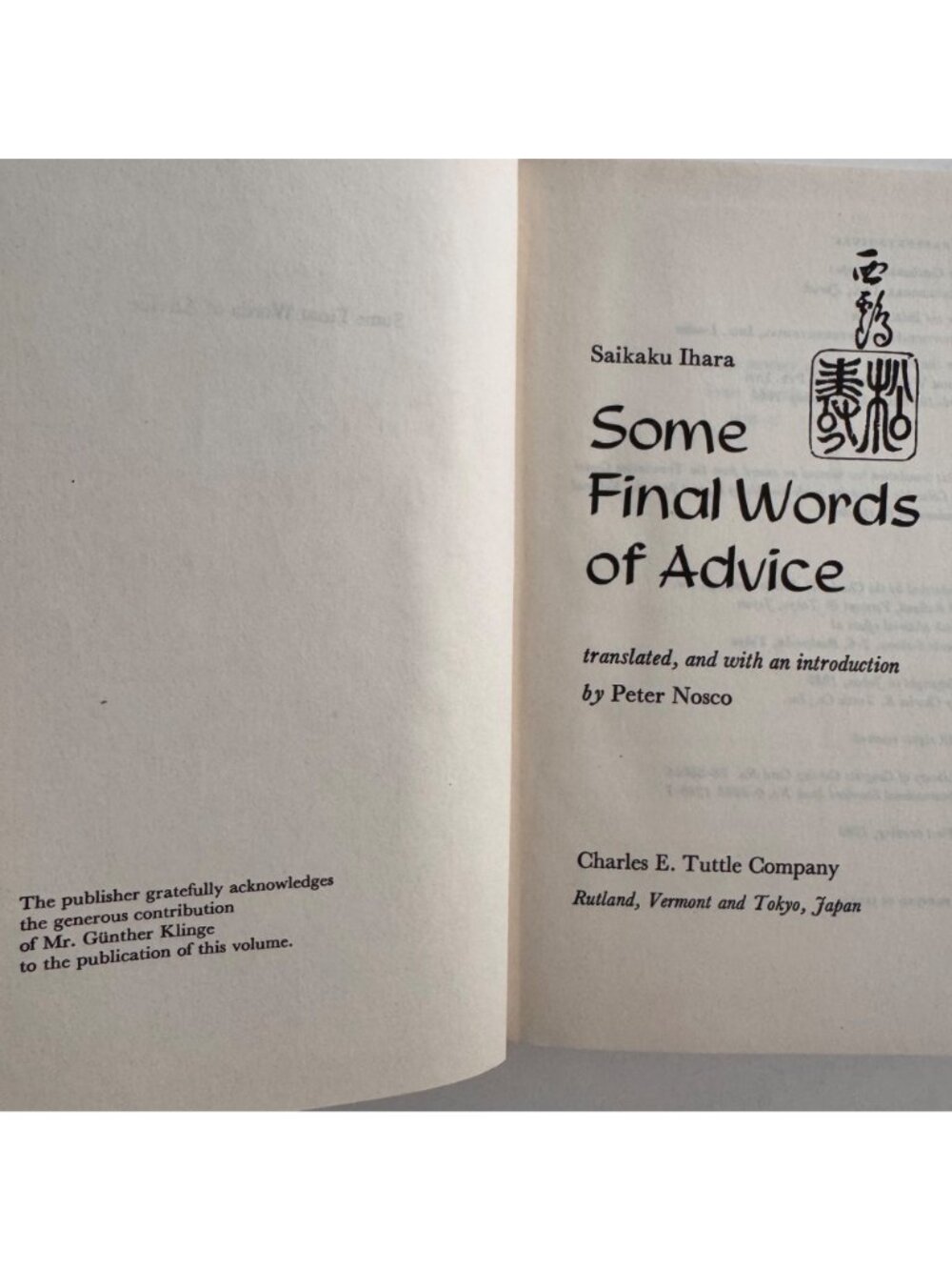 Some Final Words Of Advice Saikaku Ihara Peter Nosco HC 1980 Japan English Ed. - Picture 1 of 16